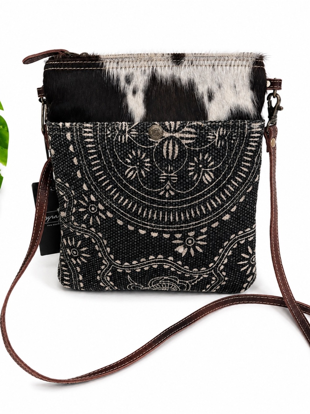 Myra Bag Cowhide Crossbody Bag Black Ivory Mandala Print Western Boho